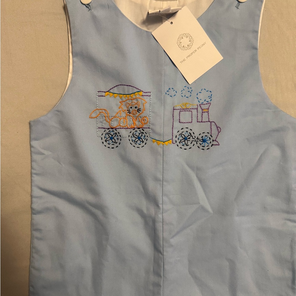 Charming Blue Kids Train Embroidered One Piece